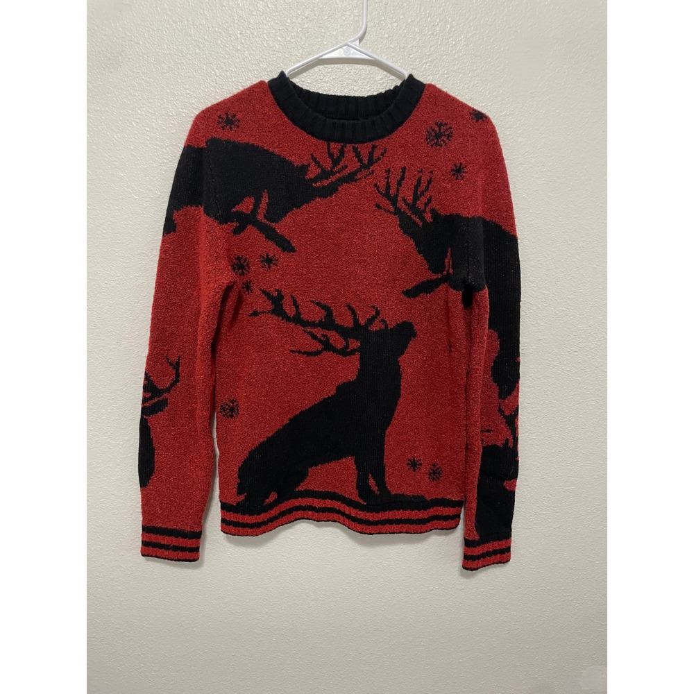 River Island Reindeer Knit Sweater Mens S Red Black Excellent Holiday Graphic